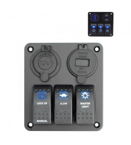 Панель на 3 переключателя с 4.2A, с вольтметром, USB и прикуривателем, синий LED, YUJ, 3 YUJ