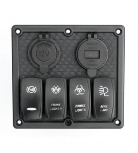 Панель на 4 переключателя с 4.2A, под карбон, с вольтметром, USB и прикуривателем, синий LED, YUJ, 4 YUJ