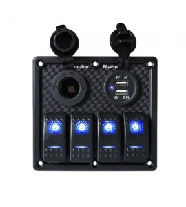 Панель на 4 переключателя с 4.2A, под карбон, с вольтметром, USB и прикуривателем, синий LED, YUJ, 4 YUJ